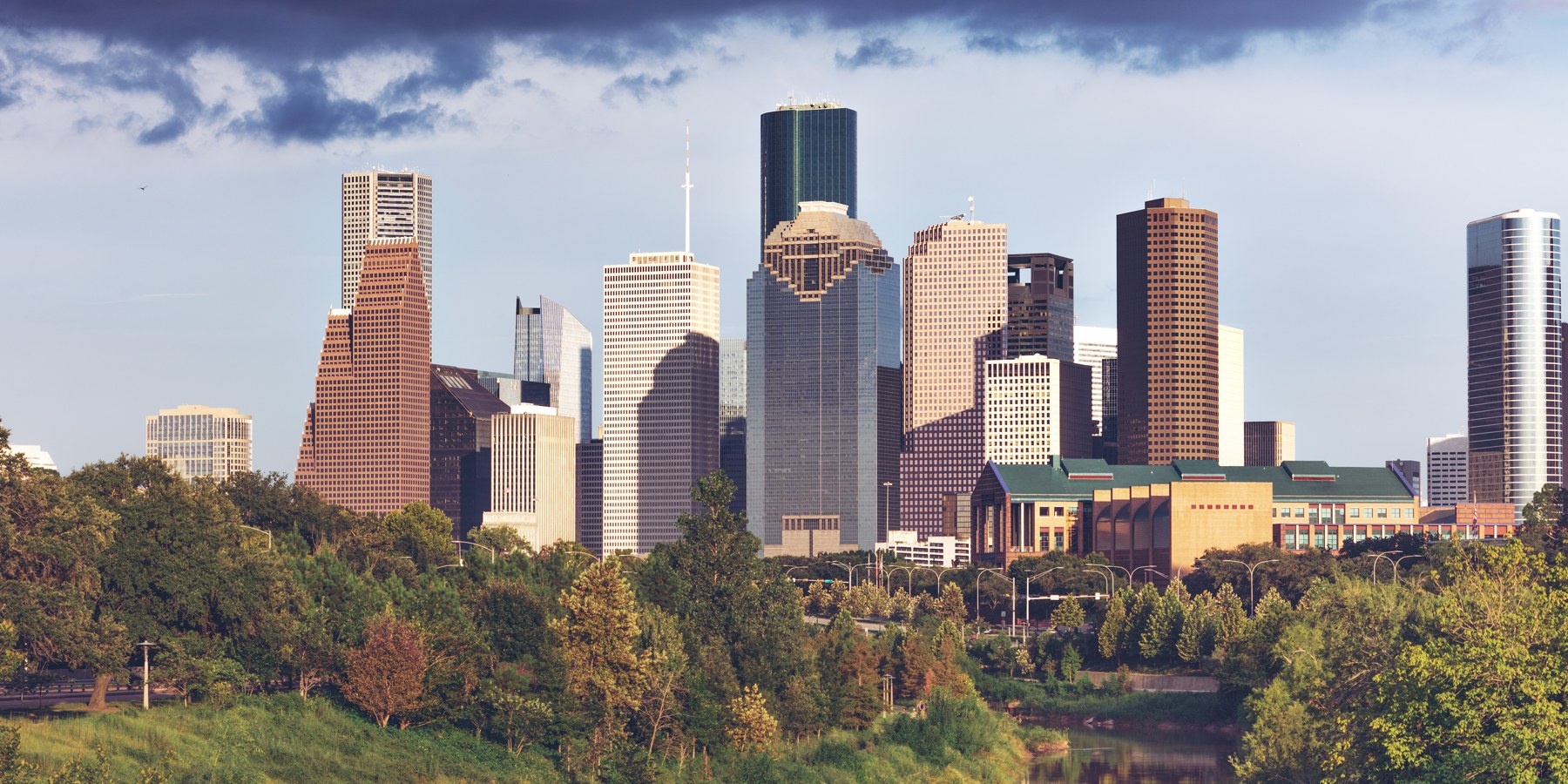 Downtown Houston skyline across Buffalo Bayou